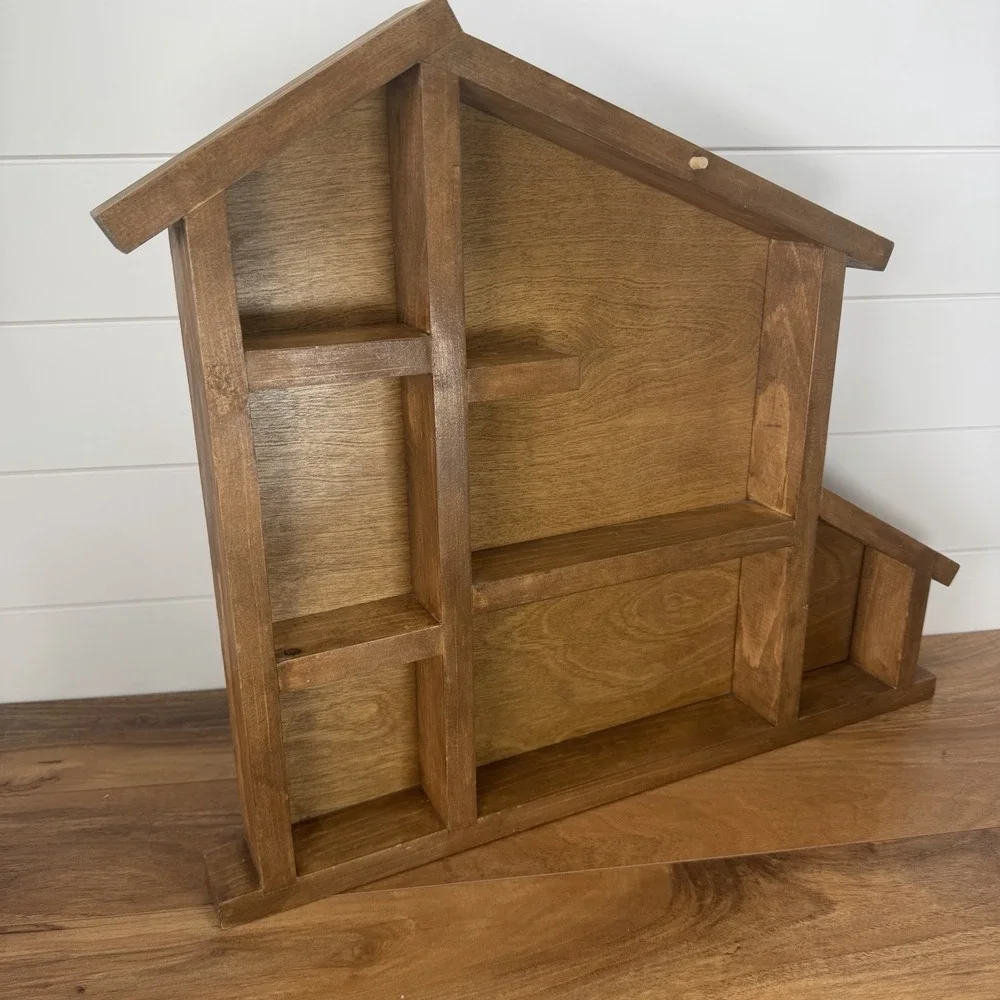 Vintage Wooden House Shaped Curio Knick Knack Trinket Back Open Shelf 19x22